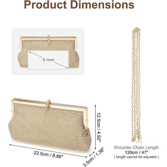 🆕Women Gold Polyester Crystal Rhinestone Evening Clutch Purse Crossbody Handbag - Picture 2 of 7
